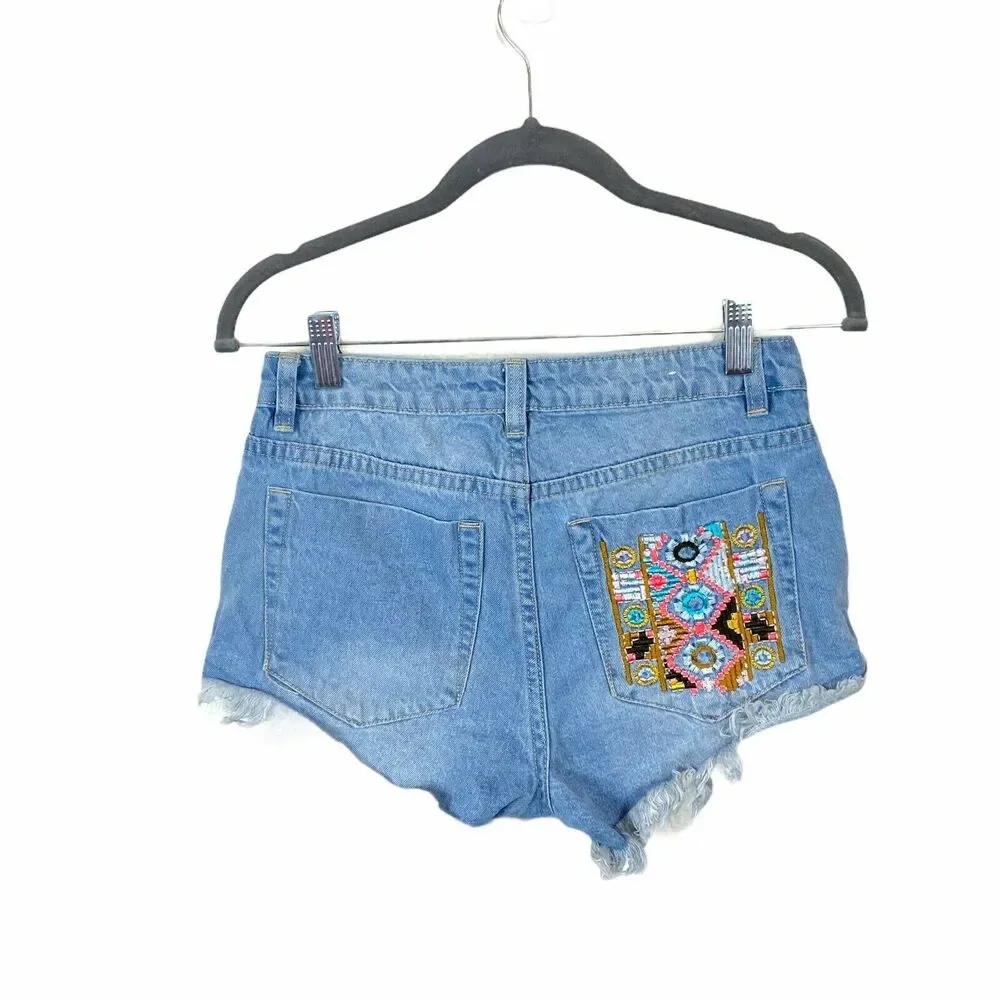 Cotton On Denim Shorts Cut-Off Embroidered Jean  sz 2 Booty Shorts Festival